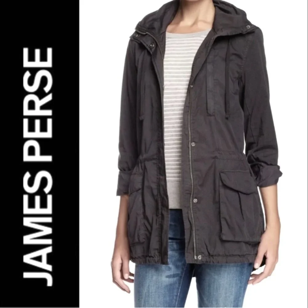 James Perse Cotton Blend Olive Green Gray Army Utility Jacket Hood 2 S 6 8 - Picture 1 of 11